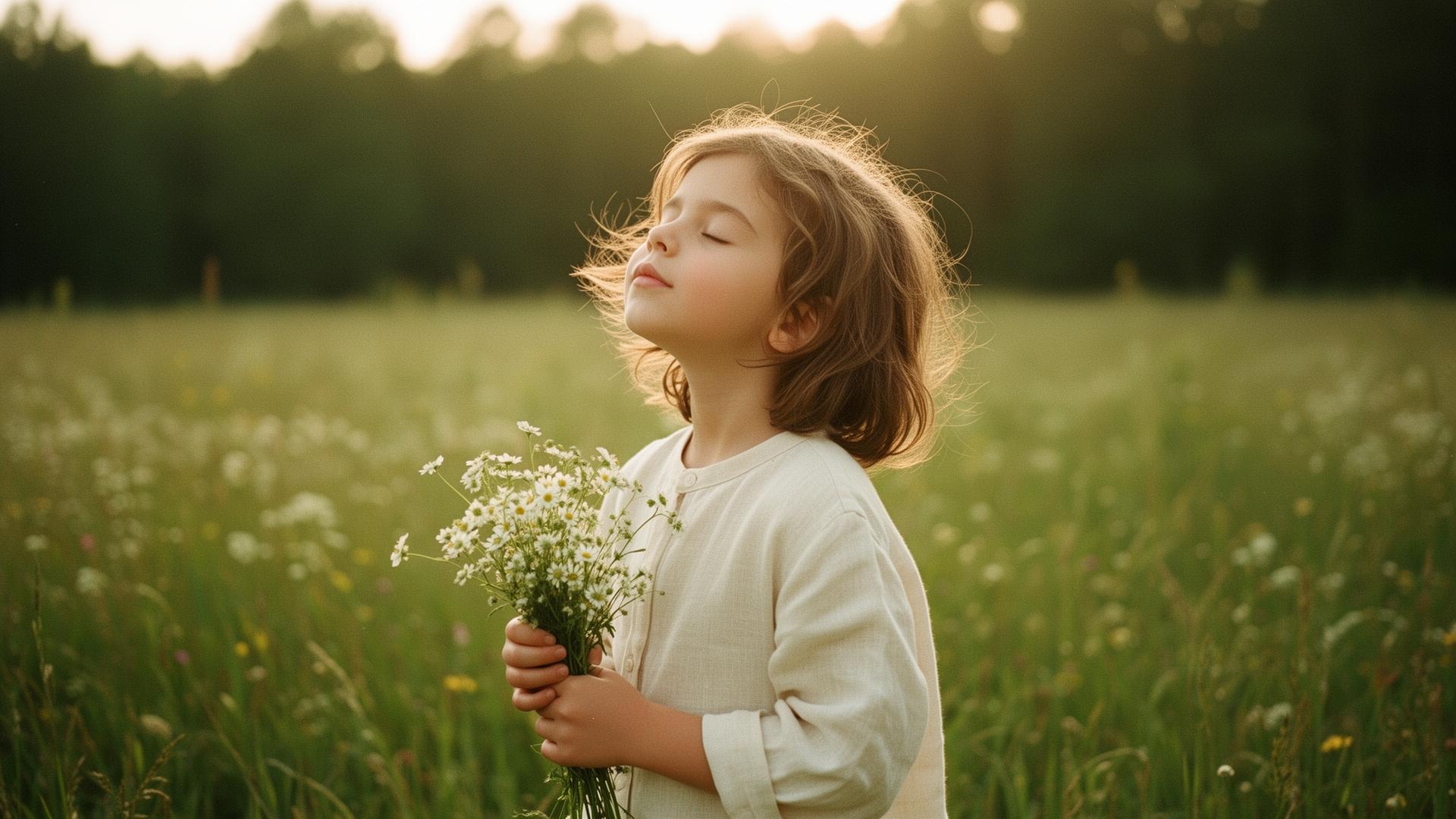 Quiet child in a sunlit meadow